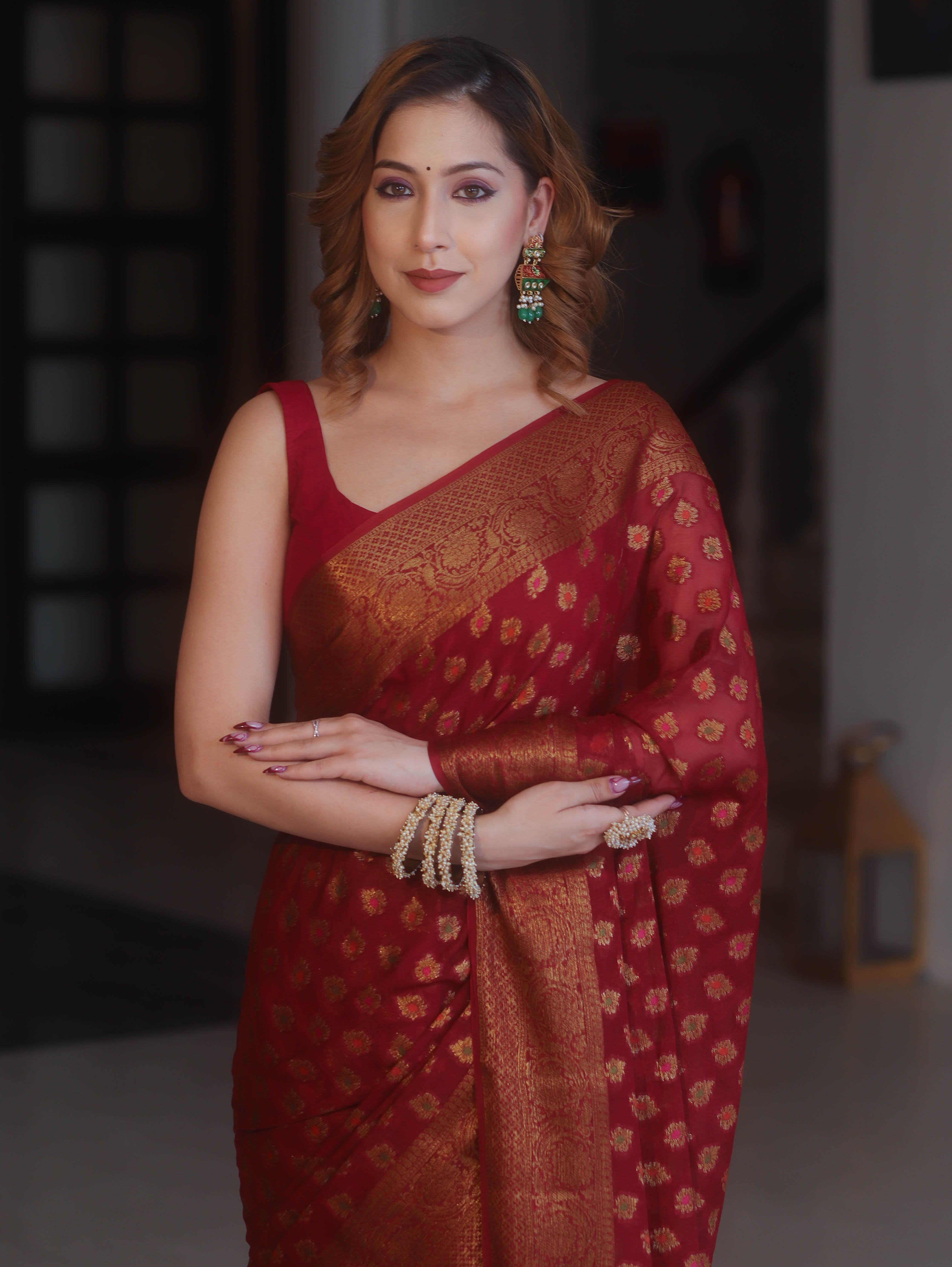 Banarasee Pure Chiffon Saree With Antique Zari Buti Design & Border-Maroon