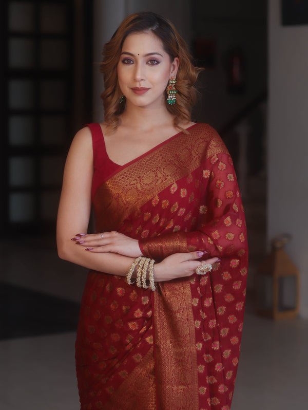 Banarasee Pure Chiffon Saree With Antique Zari Buti Design & Border-Maroon