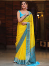 Banarasee Handwoven Semi Silk Plain Saree With Zari Contrast Border-Yellow & Blue
