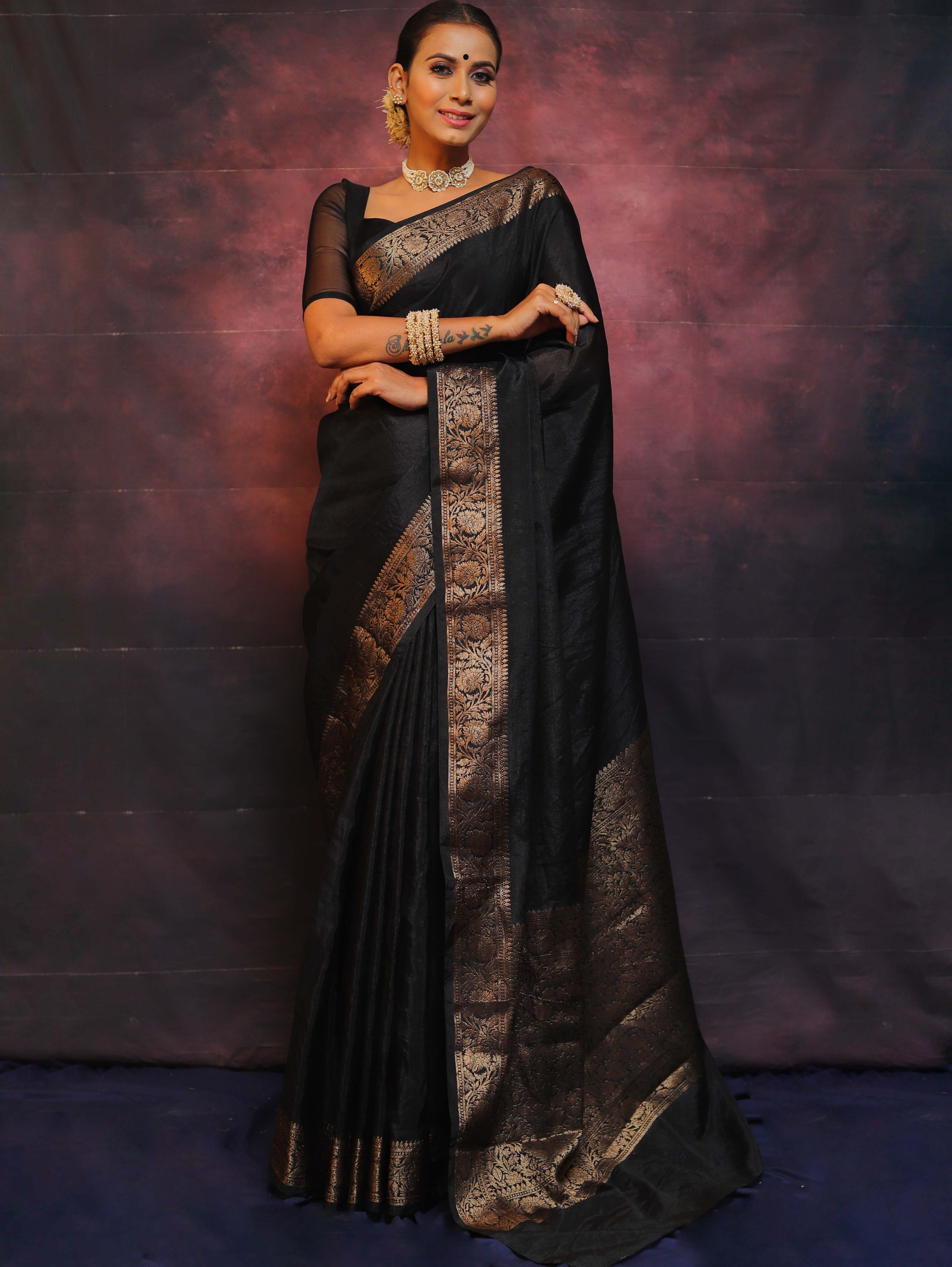 Banarasee Handwoven Semi Silk Plain Saree With Zari Border-Black