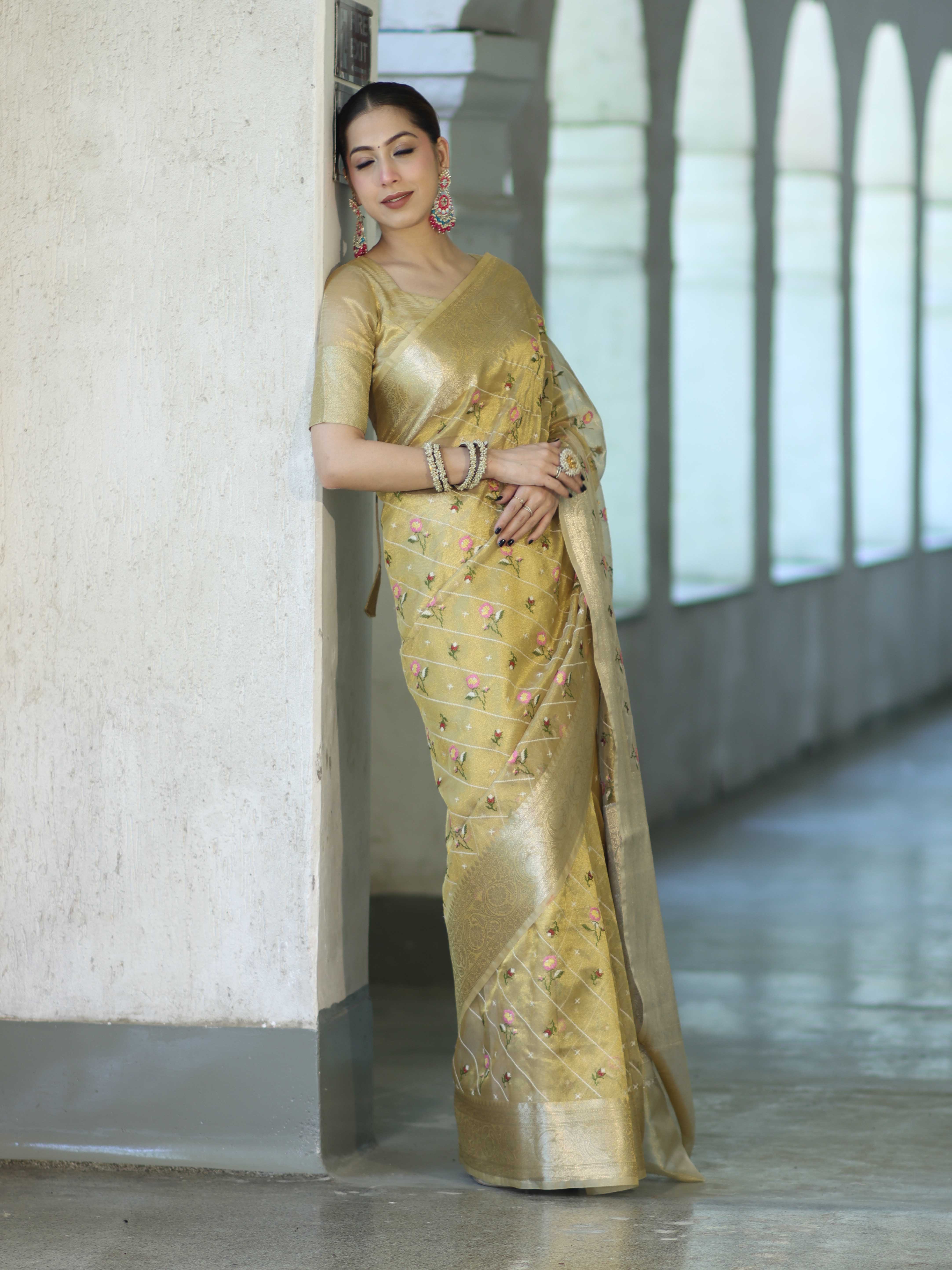 Banarasee Handwoven Tissue Resham Floral Embroidered Saree-Gold