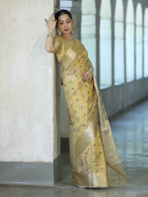 Banarasee Handwoven Tissue Resham Floral Embroidered Saree-Gold