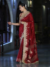 Banarasee Handloom Semi Silk Saree With Zari Buti Design Border & Lace-Maroon