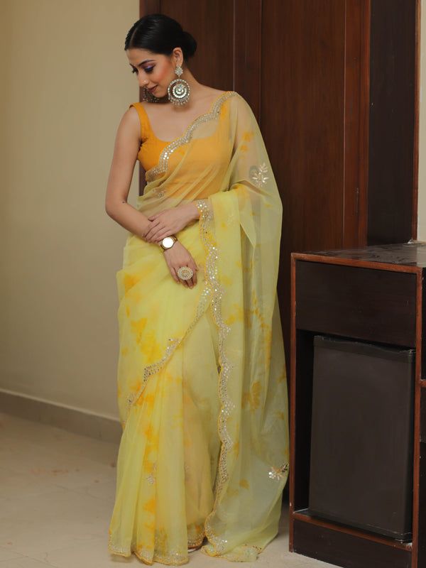 Banarasee Organza Silk Shibori Dyed Hand-work Scallop Border Saree-Yellow