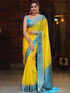 Banarasee Handwoven Semi Silk Plain Saree With Zari Contrast Border-Yellow & Blue