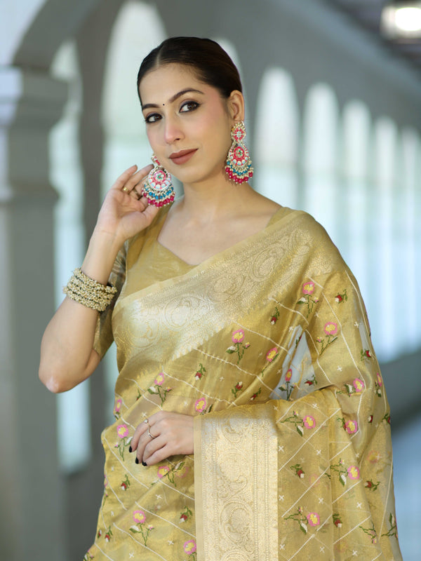 Banarasee Handwoven Tissue Resham Floral Embroidered Saree-Gold