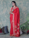 Banarasee Handloom Semi Silk Bandhej Saree With Broad Zari Floral Border-Red