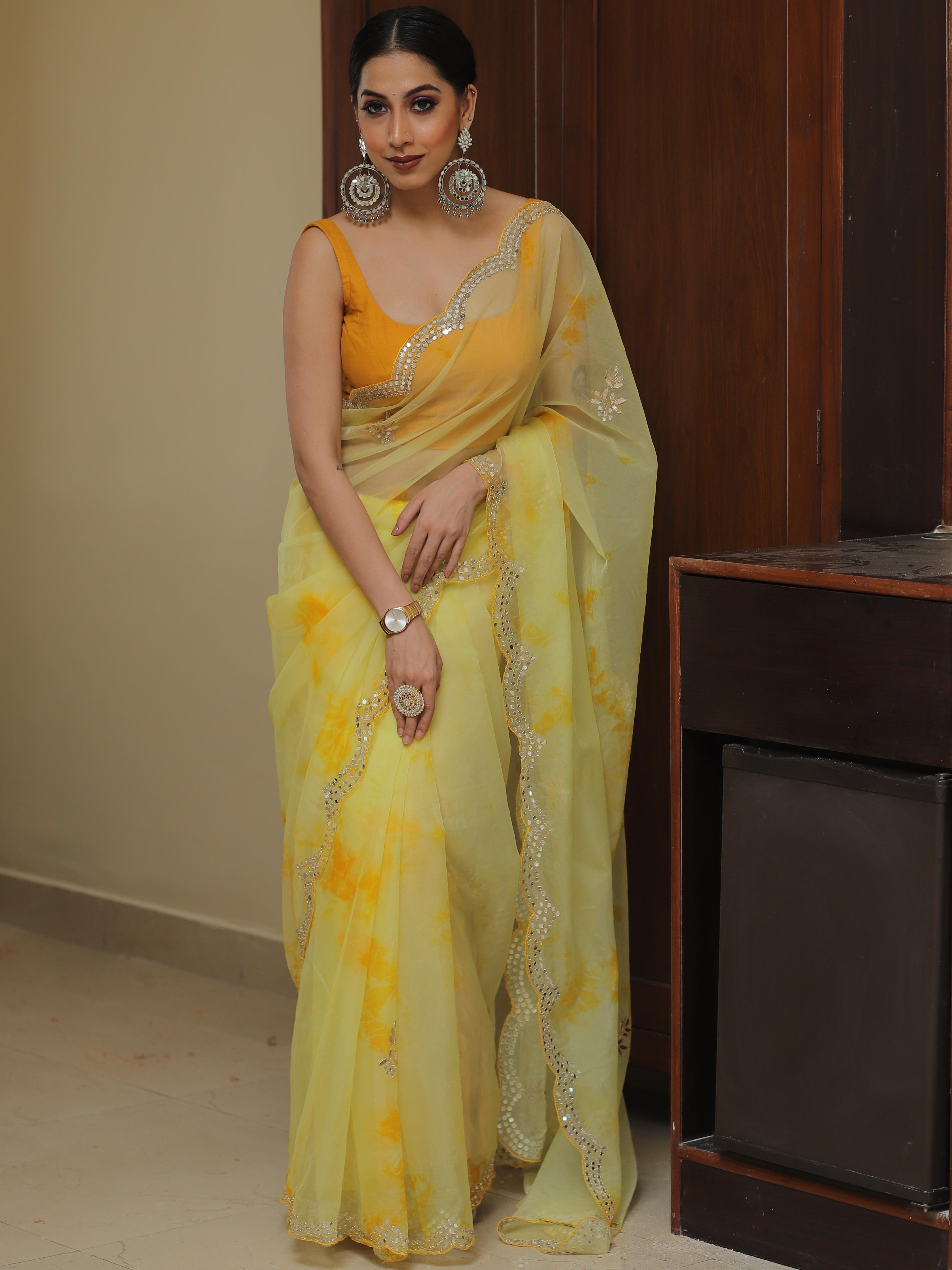 Banarasee Organza Silk Shibori Dyed Hand-work Scallop Border Saree-Yellow