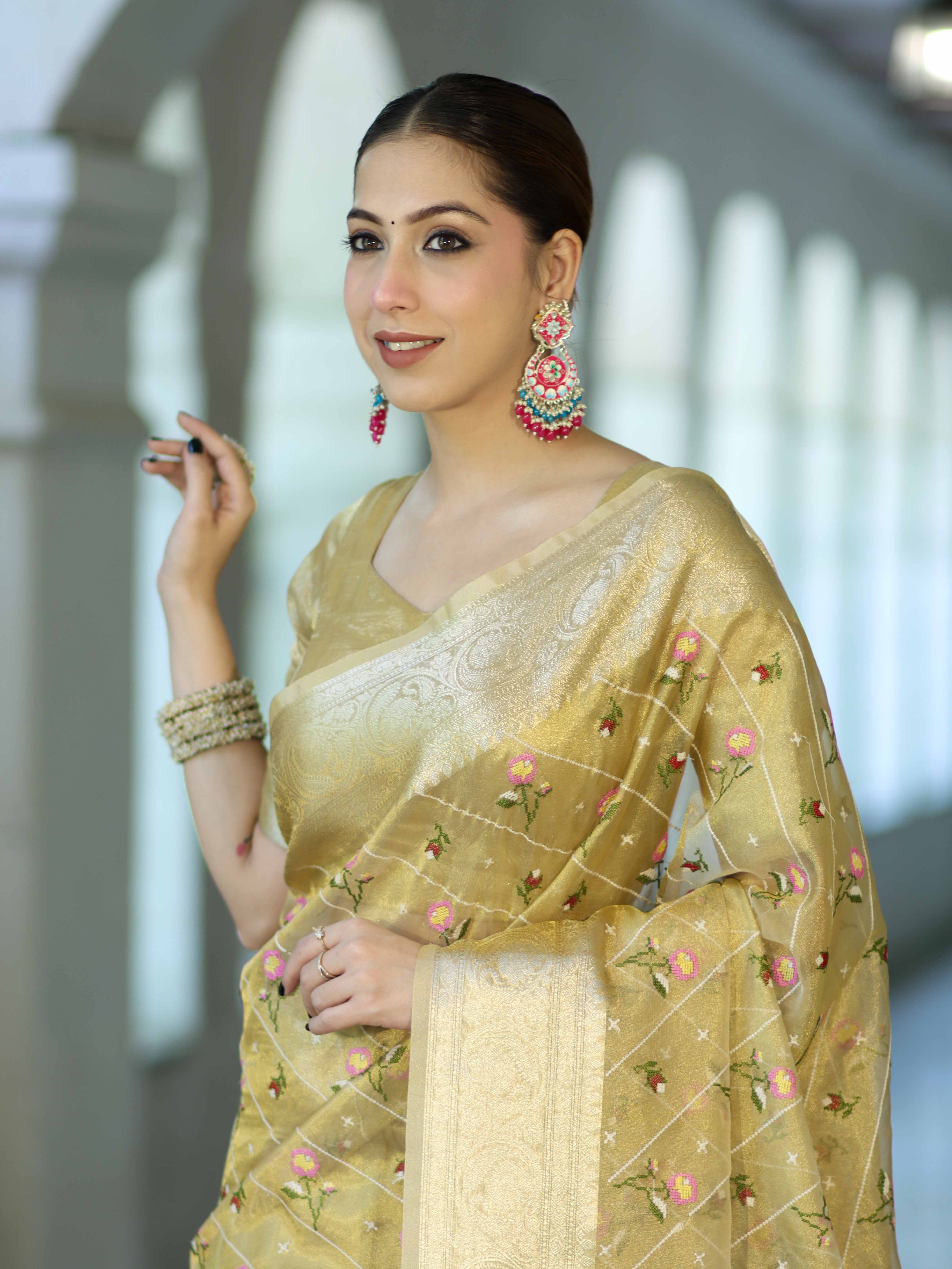 Banarasee Handwoven Tissue Resham Floral Embroidered Saree-Gold