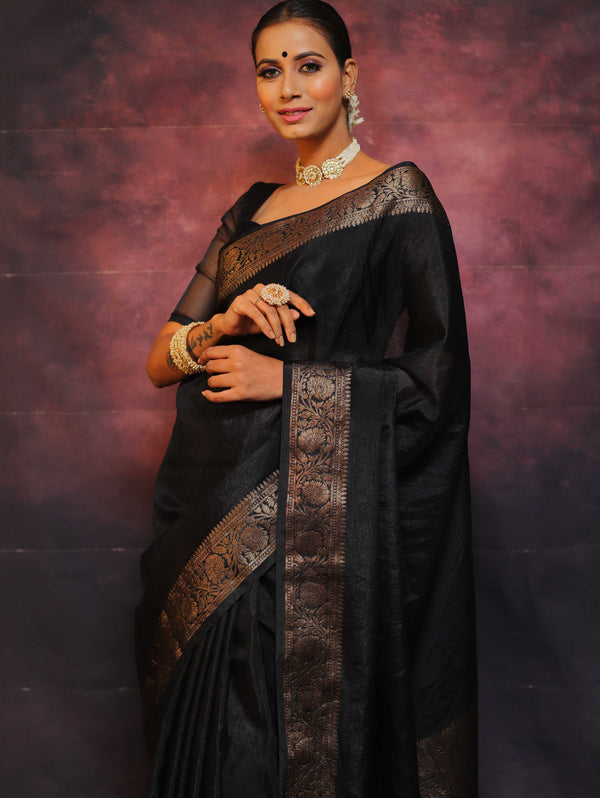 Banarasee Handwoven Semi Silk Plain Saree With Zari Border-Black