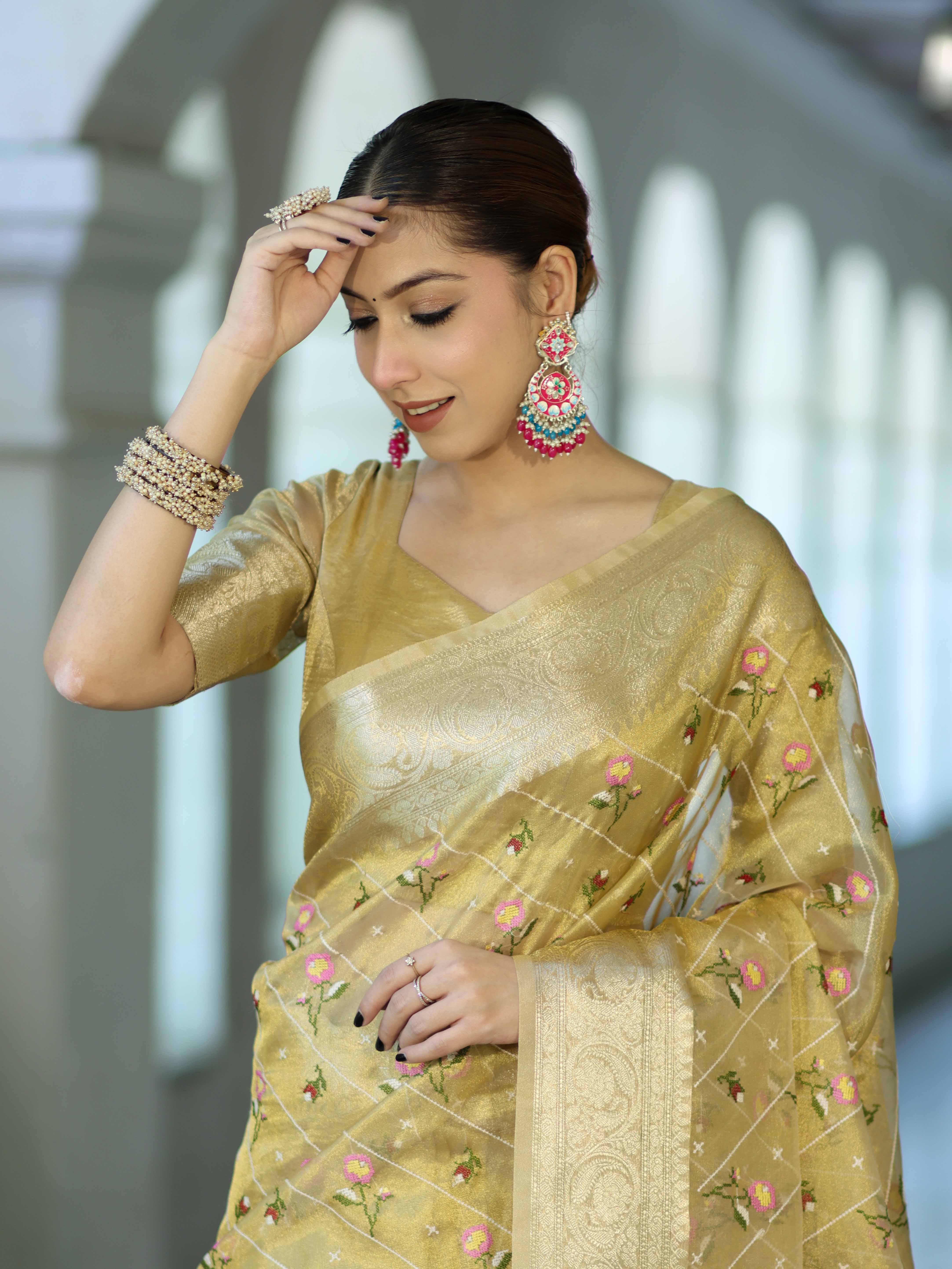 Banarasee Handwoven Tissue Resham Floral Embroidered Saree-Gold