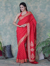 Banarasee Handloom Semi Silk Bandhej Saree With Broad Zari Floral Border-Red
