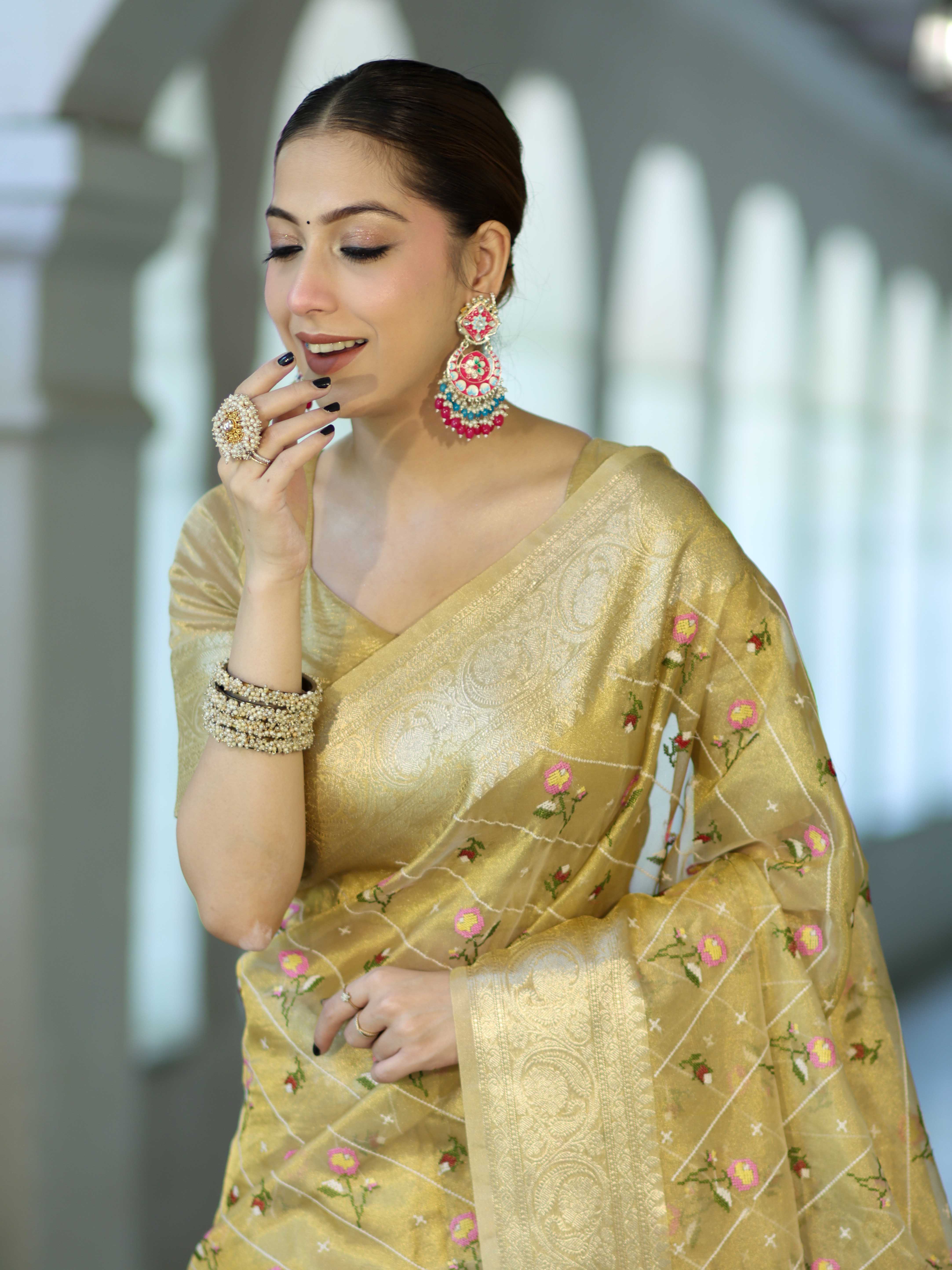 Banarasee Handwoven Tissue Resham Floral Embroidered Saree-Gold