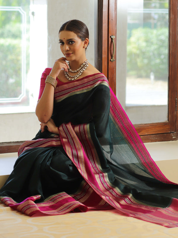 Banarasee Handwoven Semi Silk Plain Saree With Broad Zari & Contrast Border-Deep Green & Pink