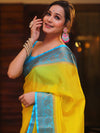 Banarasee Handwoven Semi Silk Plain Saree With Zari Contrast Border-Yellow & Blue