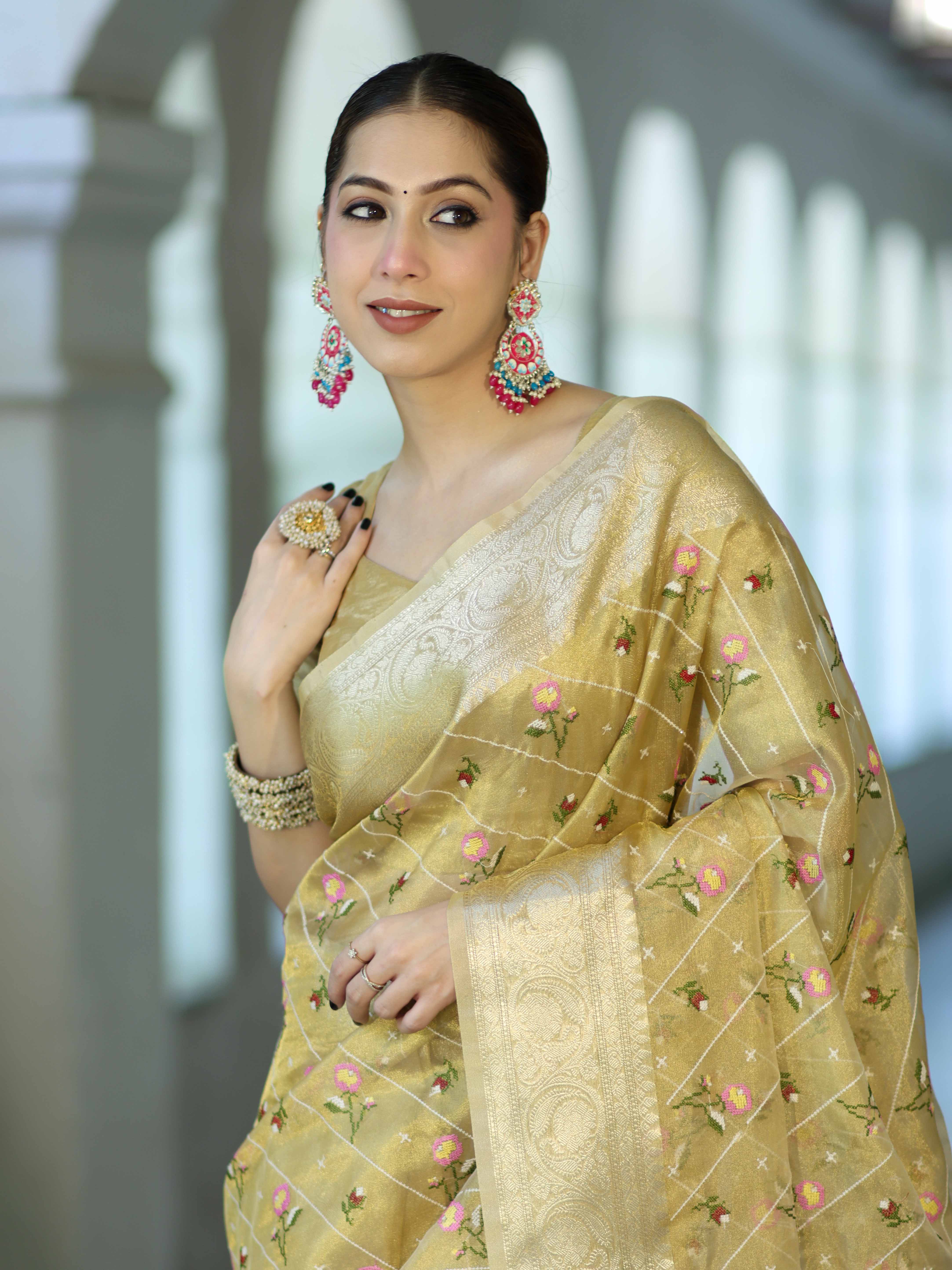 Banarasee Handwoven Tissue Resham Floral Embroidered Saree-Gold