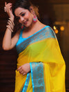 Banarasee Handwoven Semi Silk Plain Saree With Zari Contrast Border-Yellow & Blue