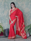 Banarasee Handloom Semi Silk Bandhej Saree With Broad Zari Floral Border-Red