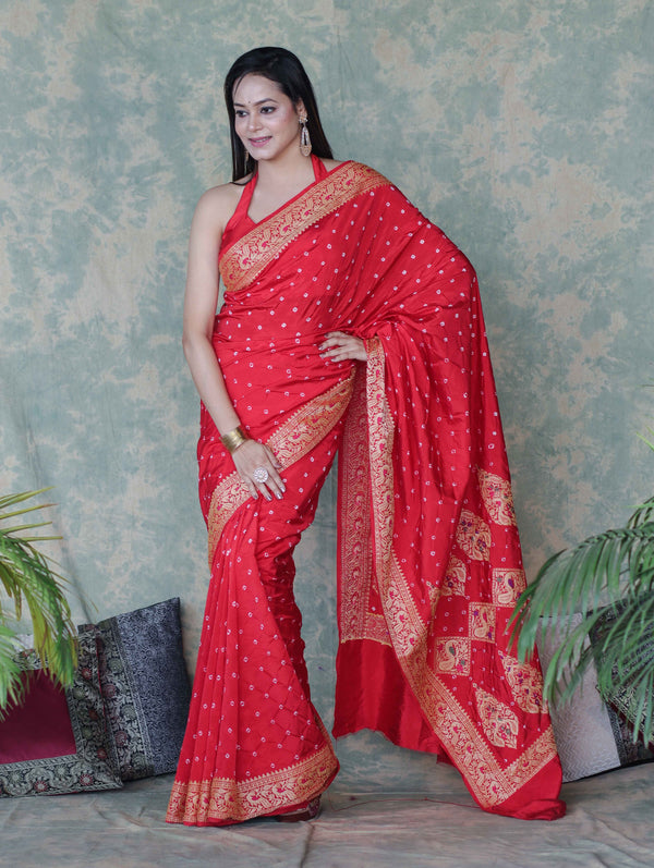 Banarasee Handloom Semi Silk Bandhej Saree With Broad Zari Floral Border-Red
