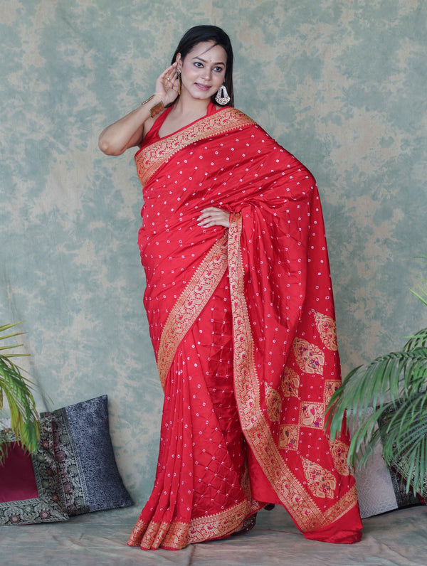 Banarasee Handloom Semi Silk Bandhej Saree With Broad Zari Floral Border-Red