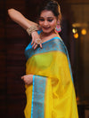 Banarasee Handwoven Semi Silk Plain Saree With Zari Contrast Border-Yellow & Blue