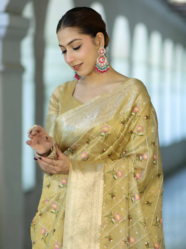 Banarasee Handwoven Tissue Resham Floral Embroidered Saree-Gold