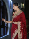 Banarasee Handloom Semi Silk Saree With Zari Buti Design Border & Lace-Maroon
