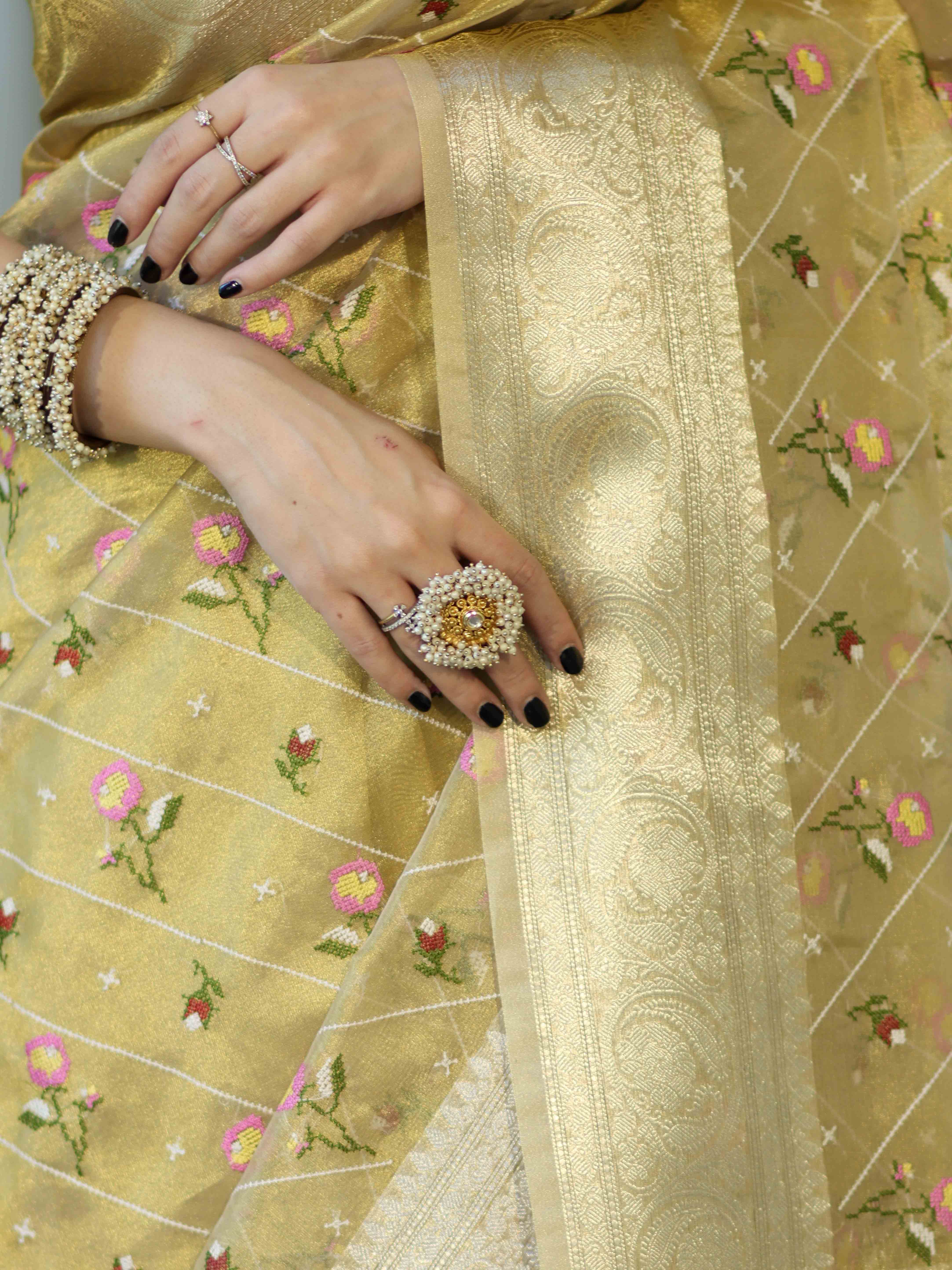 Banarasee Handwoven Tissue Resham Floral Embroidered Saree-Gold
