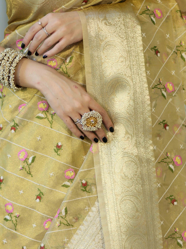 Banarasee Handwoven Tissue Resham Floral Embroidered Saree-Gold