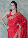 Banarasee Handloom Semi Silk Bandhej Saree With Broad Zari Floral Border-Red