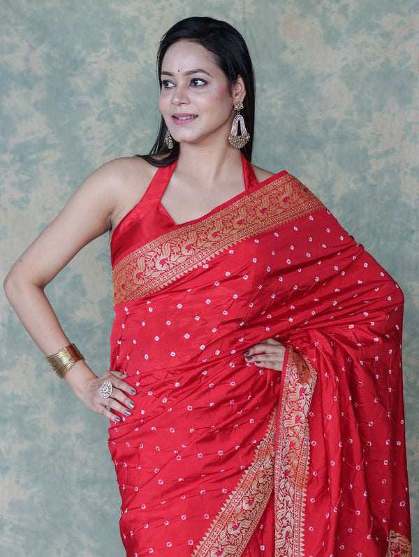 Banarasee Handloom Semi Silk Bandhej Saree With Broad Zari Floral Border-Red