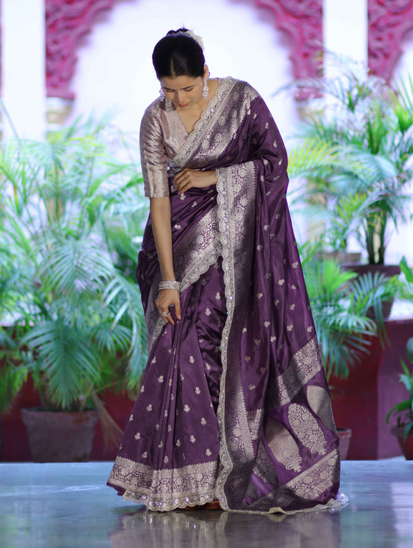 Banarasee Handloom Soft Silk Saree With Zari Buti Design Floral Border & Lace-Mauve