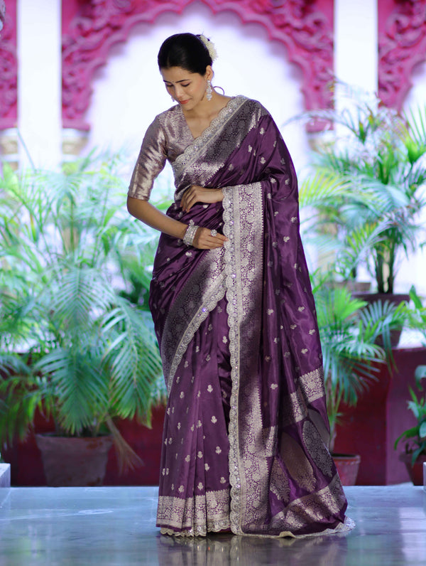 Banarasee Handloom Soft Silk Saree With Zari Buti Design Floral Border & Lace-Mauve