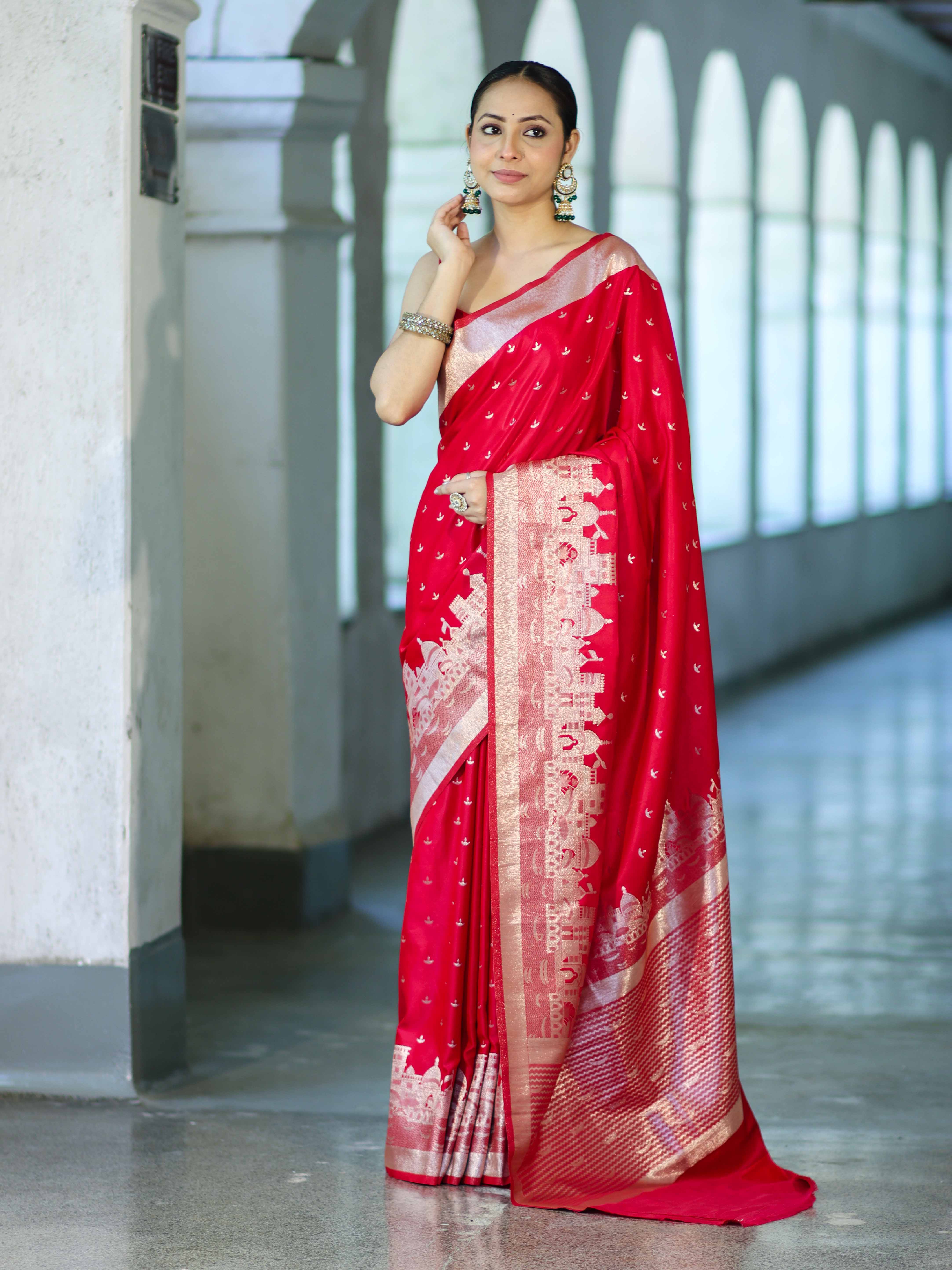 Banarasee Handloom Soft Silk Saree With Diya Design & Ganga Ghat Zari Border-Red (Pink Tone)