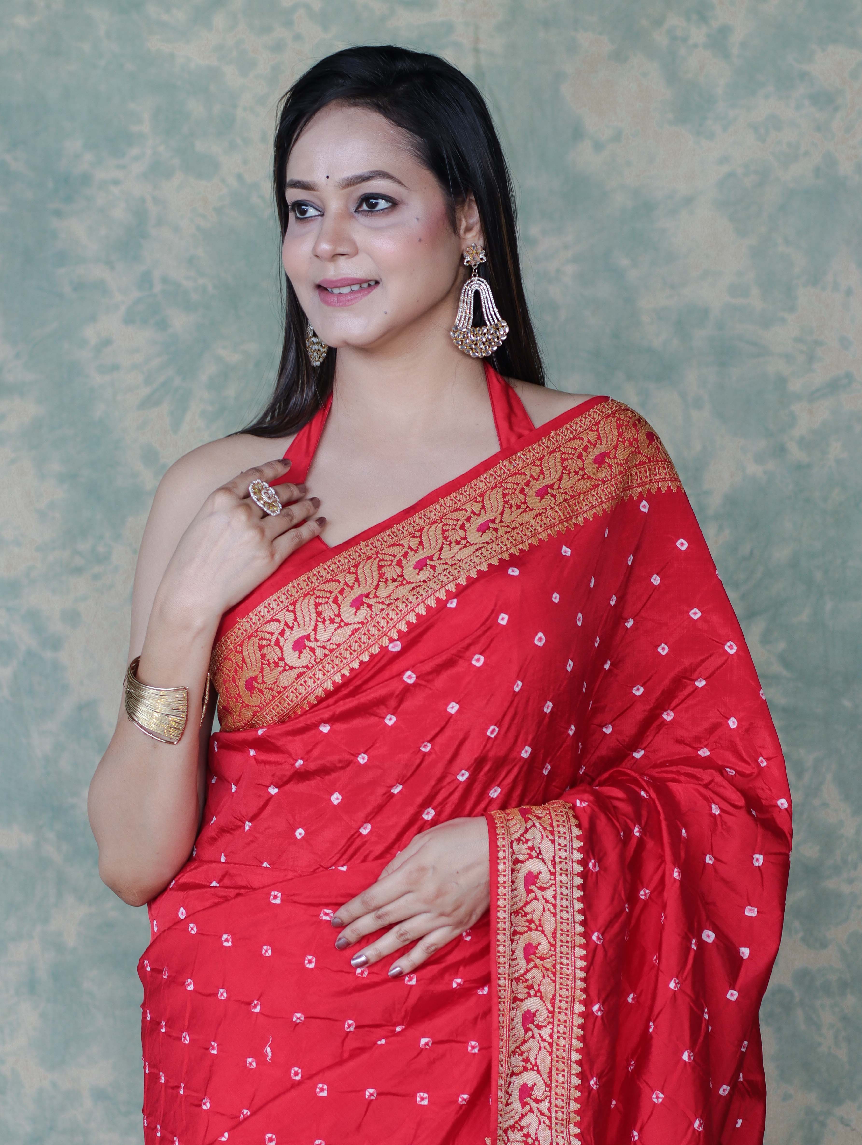 Banarasee Handloom Semi Silk Bandhej Saree With Broad Zari Floral Border-Red