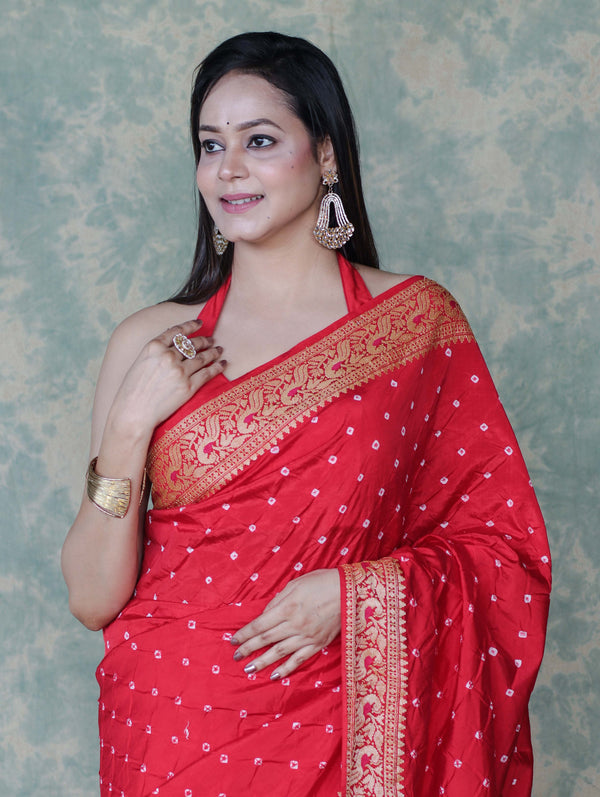 Banarasee Handloom Semi Silk Bandhej Saree With Broad Zari Floral Border-Red