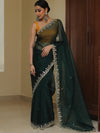 Banarasee Organza Silk Scallop Border Saree & Contrast Blouse-Deep Green