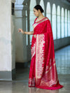 Banarasee Handloom Soft Silk Saree With Diya Design & Ganga Ghat Zari Border-Red (Pink Tone)