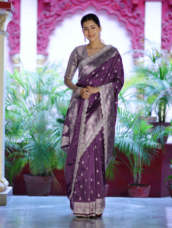 Banarasee Handloom Soft Silk Saree With Zari Buti Design Floral Border & Lace-Mauve