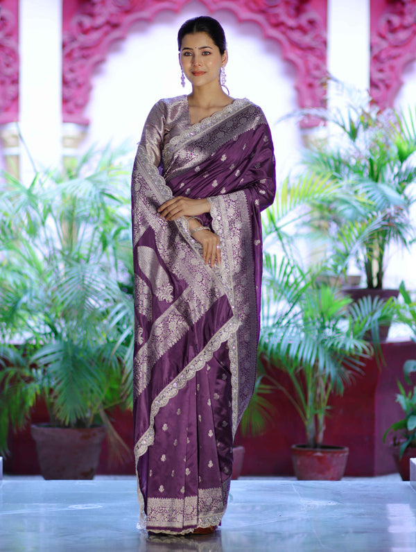 Banarasee Handloom Soft Silk Saree With Zari Buti Design Floral Border & Lace-Mauve