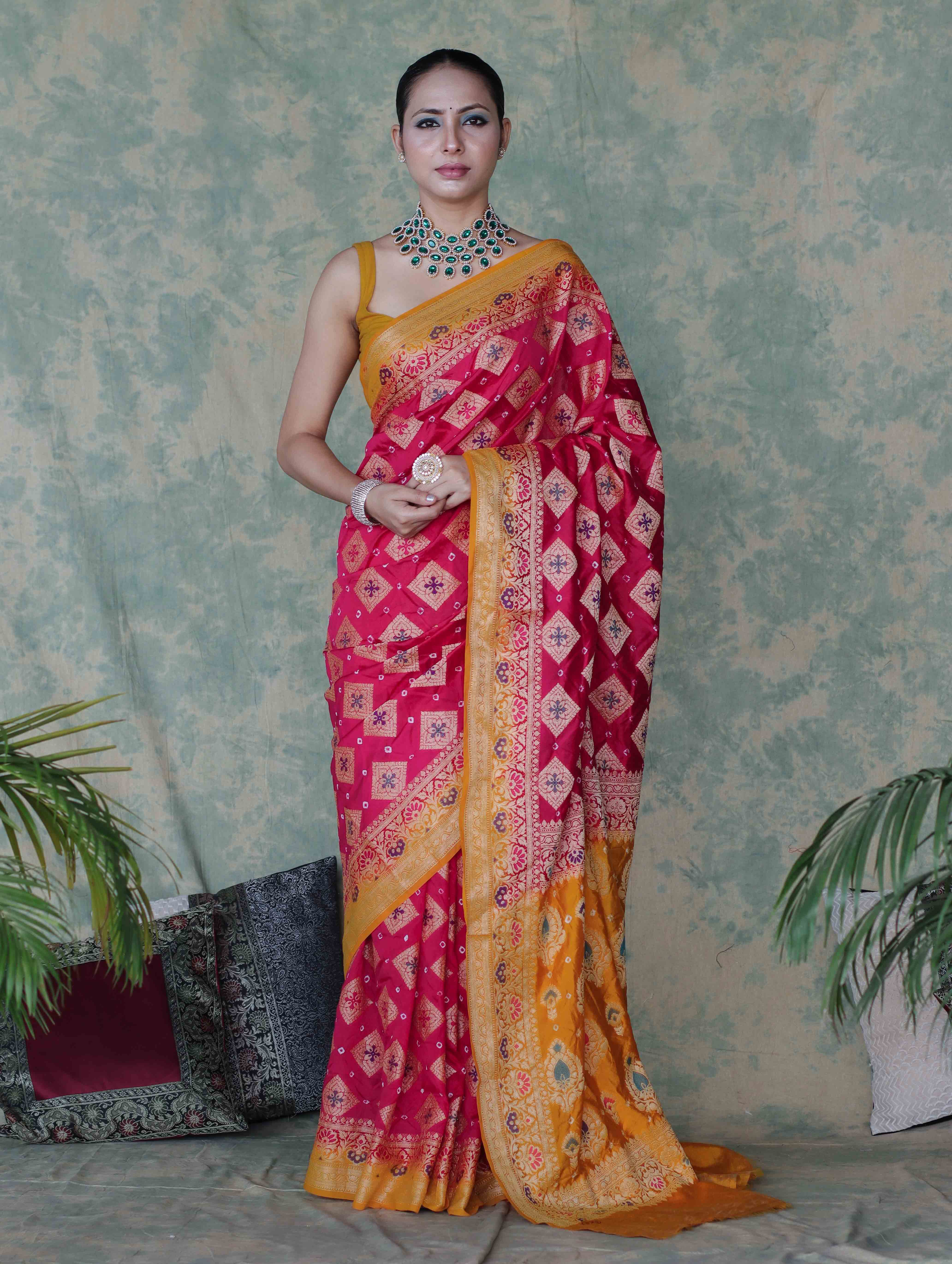 Banarasee Handloom Semi Silk Bandhej Saree With Zari Work & Contrast Border-Pink & Mustard Yellow
