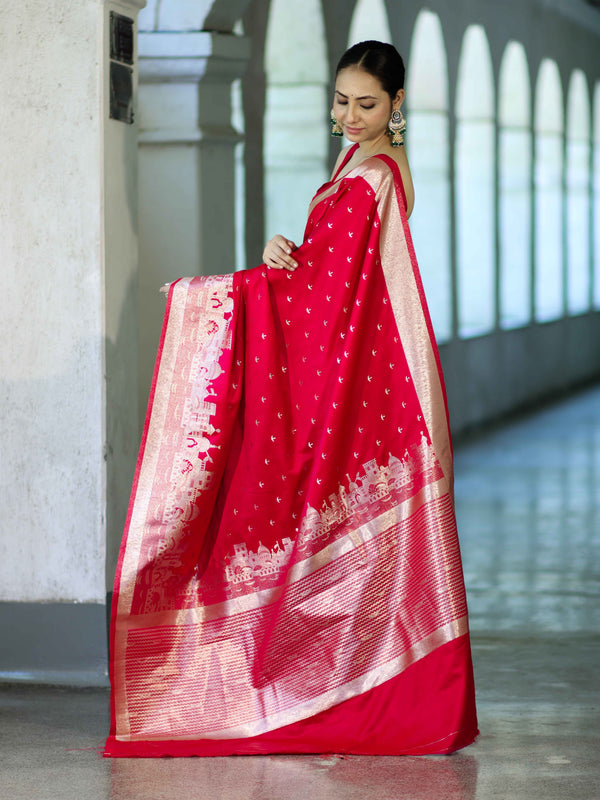 Banarasee Handloom Soft Silk Saree With Diya Design & Ganga Ghat Zari Border-Red (Pink Tone)