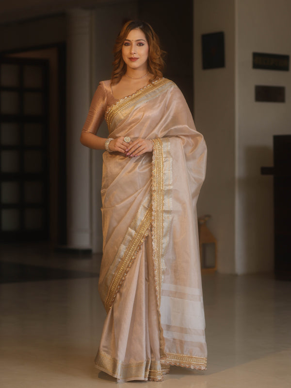 Banarasee Handwoven Plain Tissue Saree With Zari Border & Lace-Blush Pink