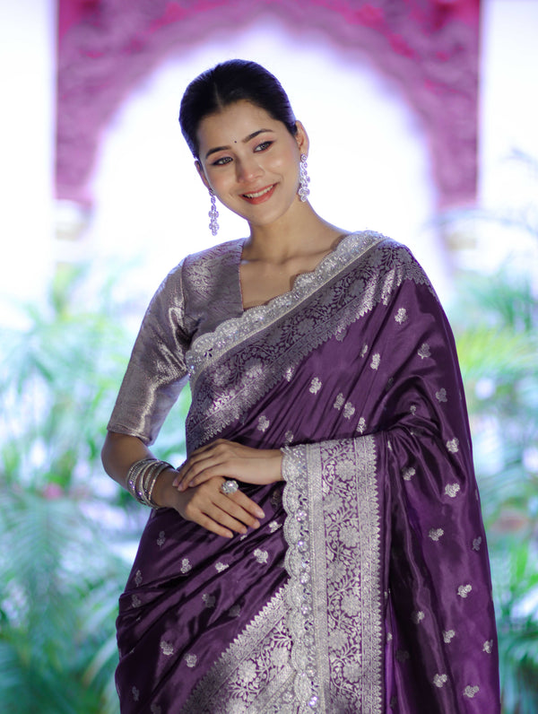 Banarasee Handloom Soft Silk Saree With Zari Buti Design Floral Border & Lace-Mauve