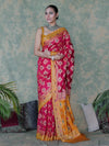 Banarasee Handloom Semi Silk Bandhej Saree With Zari Work & Contrast Border-Pink & Mustard Yellow