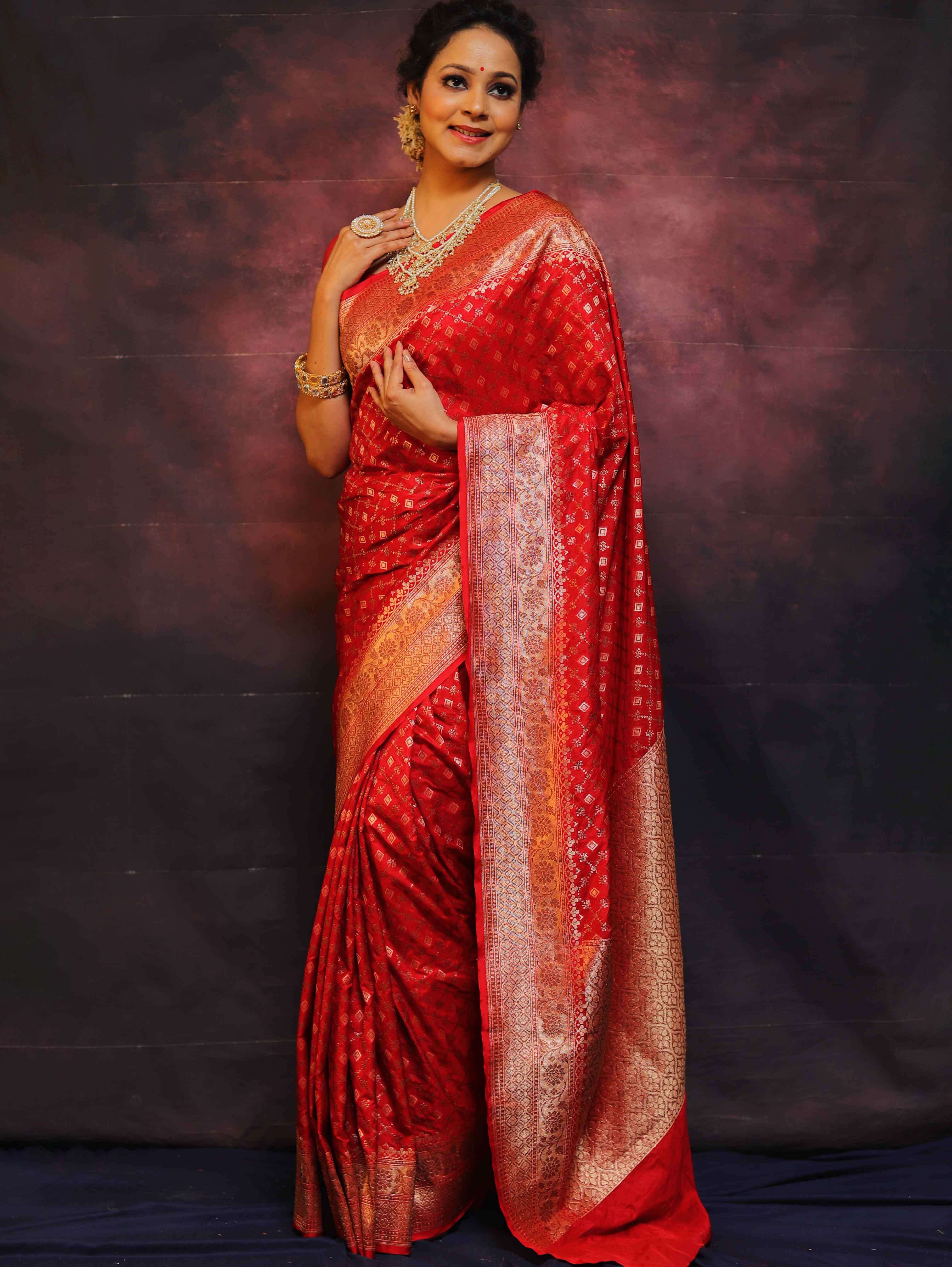 Banarasee Semi-Katan Zari Jaal Saree-Red
