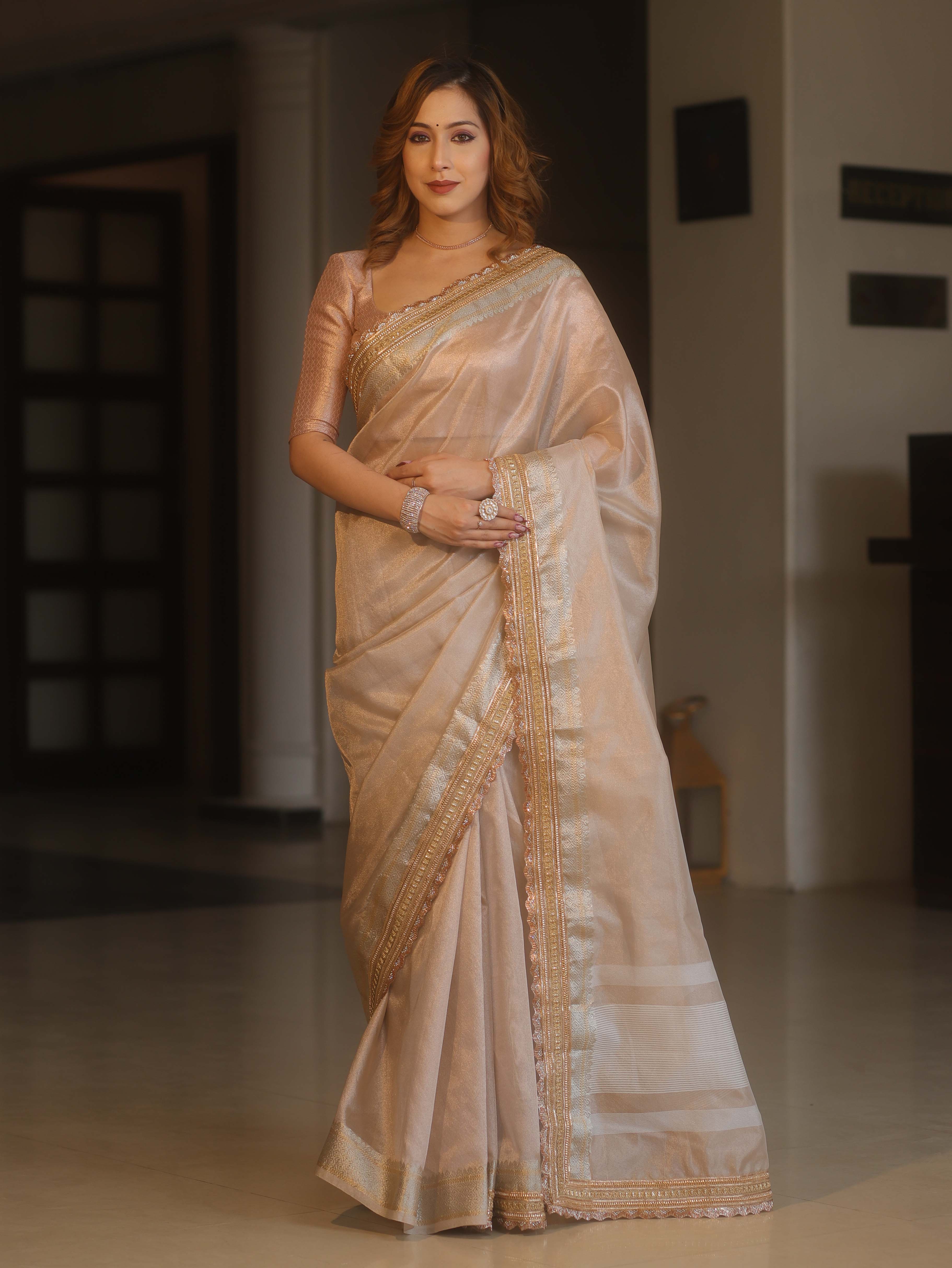 Banarasee Handwoven Plain Tissue Saree With Zari Border & Lace-Blush Pink