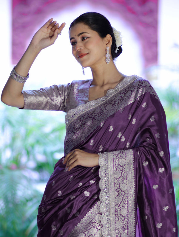 Banarasee Handloom Soft Silk Saree With Zari Buti Design Floral Border & Lace-Mauve