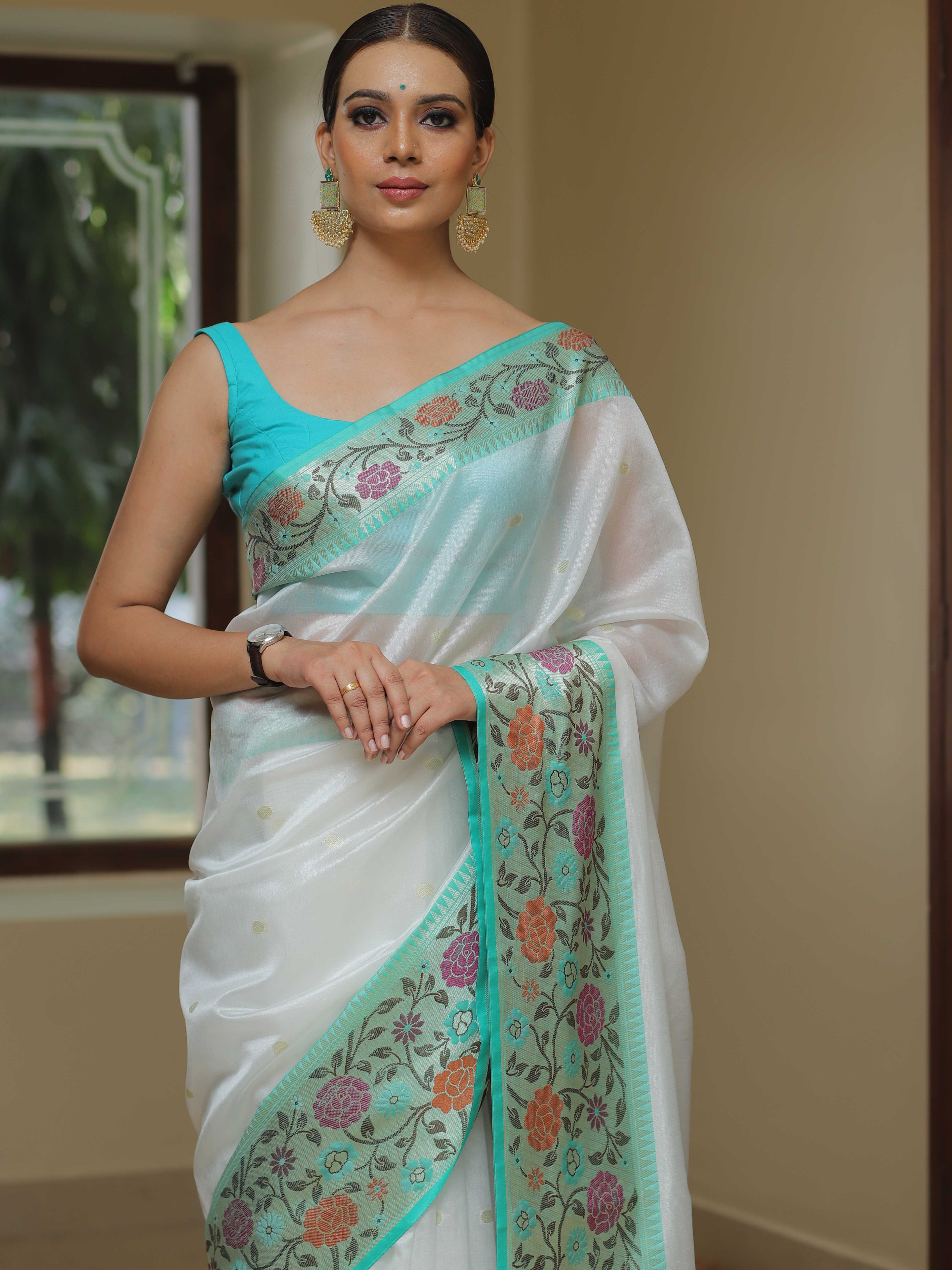Banarasee Handwoven Semi Silk Saree With Zari Buta & Floral Border Design-White