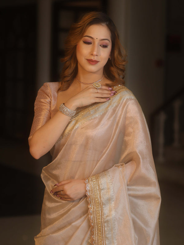 Banarasee Handwoven Plain Tissue Saree With Zari Border & Lace-Blush Pink